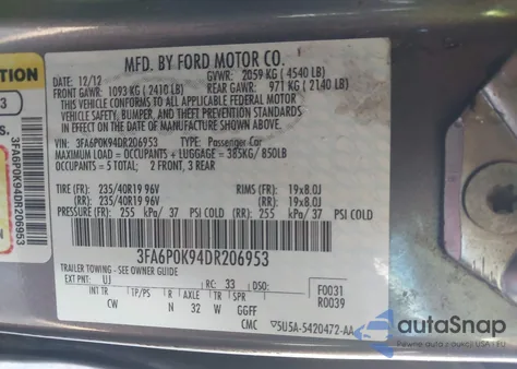 2013 Ford Fusion Titanium Fwd Titanium from USA, damaged, VIN 3FA6P0K94DR206953